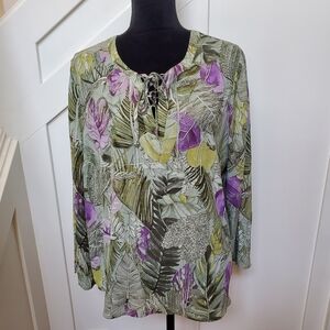Botanical Purple And Green Print Flowy Long Sleeve Blouse With Front Lace Up Tie